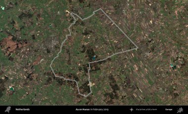 Aa en Hunze. Hollanda 'nın idari alanı, Şubat 2019' da çekilen Kopernik Nöbetçi karolarından oluşan bir uydu görüntüsünde özetlenmiştir.