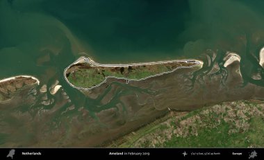 Ameland 'da. Hollanda 'nın idari alanı, Şubat 2019' da çekilen Kopernik Nöbetçi karolarından oluşan bir uydu görüntüsünde özetlenmiştir.