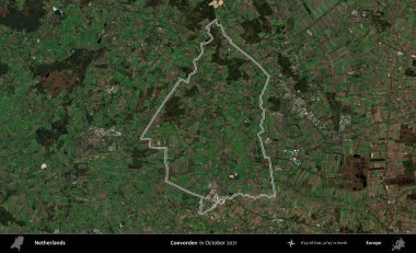 Coevorden. Hollanda 'nın idari alanı, Ekim 2021' de çekilen Kopernik Nöbetçi karolarından oluşan bir uydu görüntüsüyle özetlenmiştir.