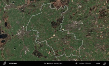 De Wolden. Hollanda 'nın idari alanı, Şubat 2019' da çekilen Kopernik Nöbetçi karolarından oluşan bir uydu görüntüsünde özetlenmiştir.