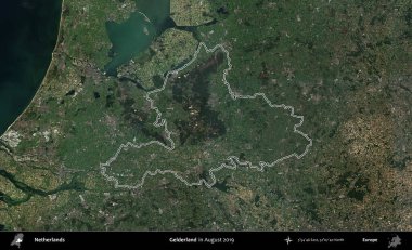 Gelderland. Hollanda 'nın idari alanı, Ağustos 2019' da çekilen Kopernik Nöbetçi karolarından oluşan bir uydu görüntüsünde özetlenmiştir.
