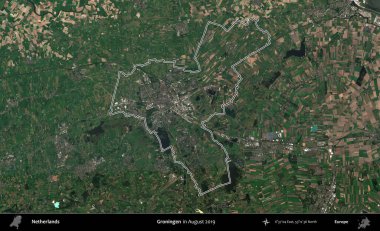 Groningen. Hollanda 'nın idari alanı, Ağustos 2019' da çekilen Kopernik Nöbetçi karolarından oluşan bir uydu görüntüsünde özetlenmiştir.