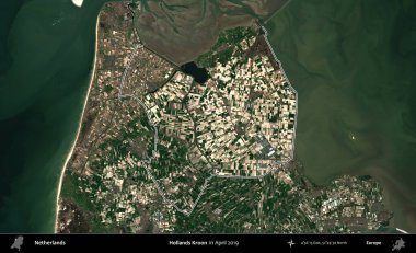 Hollands Kroon. Hollanda 'nın idari alanı Nisan 2019' da çekilen Kopernik Nöbetçi karolarından oluşan bir uydu görüntüsüyle özetlenmiştir.