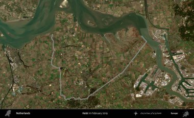 Hulst. Hollanda 'nın idari alanı, Şubat 2019' da çekilen Kopernik Nöbetçi karolarından oluşan bir uydu görüntüsünde özetlenmiştir.