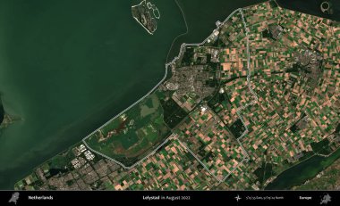 Lelystad. Hollanda 'nın idari alanı Ağustos 2022' de çekilen Kopernik Nöbetçi karolarından oluşan bir uydu görüntüsüyle özetlenmiştir.