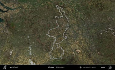 Limburg. Hollanda 'nın idari alanı Mart 2020' de çekilen Kopernik Nöbetçi karolarından oluşan bir uydu görüntüsüyle özetlendi