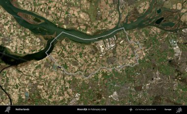 Moerdijk. Hollanda 'nın idari alanı, Şubat 2019' da çekilen Kopernik Nöbetçi karolarından oluşan bir uydu görüntüsünde özetlenmiştir.