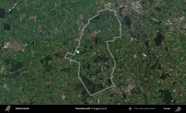 Noordenveld. Hollanda 'nın idari alanı, Ağustos 2019' da çekilen Kopernik Nöbetçi karolarından oluşan bir uydu görüntüsünde özetlenmiştir.