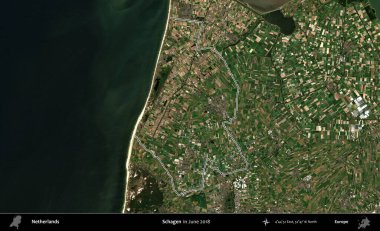 Schagen. Hollanda 'nın idari alanı, Haziran 2018' de çekilen Kopernik Nöbetçi karolarından oluşan bir uydu görüntüsüyle özetlenmiştir.