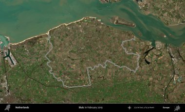 Sluis. Hollanda 'nın idari alanı, Şubat 2019' da çekilen Kopernik Nöbetçi karolarından oluşan bir uydu görüntüsünde özetlenmiştir.