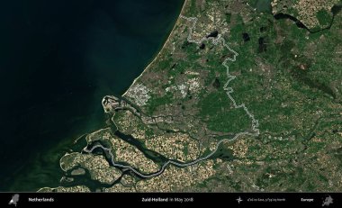 Zuid-Holland. Hollanda 'nın idari alanı, Mayıs 2018' de çekilen Kopernik Nöbetçi karolarından oluşan bir uydu görüntüsüyle özetlendi.