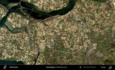 Steenbergen. Hollanda 'nın idari alanı, Şubat 2019' da çekilen Kopernik Nöbetçi karolarından oluşan bir uydu görüntüsünde özetlenmiştir.