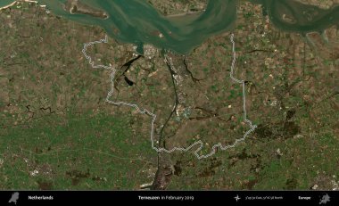 Terneuzen. Hollanda 'nın idari alanı, Şubat 2019' da çekilen Kopernik Nöbetçi karolarından oluşan bir uydu görüntüsünde özetlenmiştir.