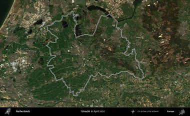 Utrecht. Hollanda 'nın idari alanı Nisan 2020' de çekilen Kopernik Nöbetçi karolarından oluşan bir uydu görüntüsüyle özetlenmiştir.