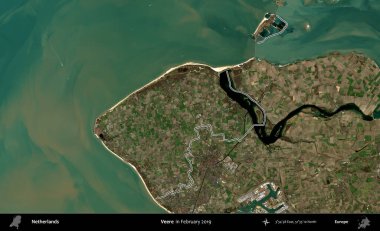 Veere. Hollanda 'nın idari alanı, Şubat 2019' da çekilen Kopernik Nöbetçi karolarından oluşan bir uydu görüntüsünde özetlenmiştir.