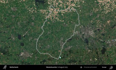 Daha batılı. Hollanda 'nın idari alanı, Ağustos 2019' da çekilen Kopernik Nöbetçi karolarından oluşan bir uydu görüntüsünde özetlenmiştir.