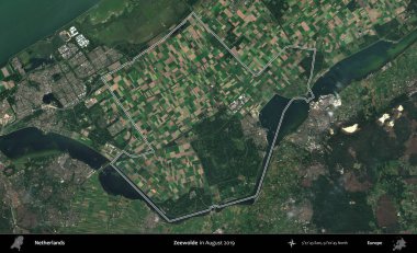 Zeewolde. Hollanda 'nın idari alanı, Ağustos 2019' da çekilen Kopernik Nöbetçi karolarından oluşan bir uydu görüntüsünde özetlenmiştir.