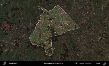 Aa en Hunze. Hollanda 'nın idari alanı, Şubat 2019' da çekilen Kopernik Sentinel karolarından oluşan koyu renkli bir uydu görüntüsü üzerinde vurgulandı ve özetlendi.