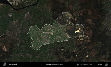 Barneveld. Hollanda 'nın idari alanı, Mart 2020' de çekilen Kopernik Sentinel karolarından oluşan koyu renkli bir uydu görüntüsü üzerinde vurgulandı ve özetlendi.