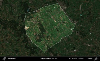 Sıkıcı-Odoorn. Hollanda 'nın idari alanı, Haziran 2020' de çekilen Kopernik Sentinel karolarından oluşan koyu renkli bir uydu görüntüsü üzerine vurgulandı ve özetlendi.