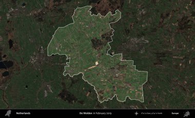 De Wolden. Hollanda 'nın idari alanı, Şubat 2019' da çekilen Kopernik Sentinel karolarından oluşan koyu renkli bir uydu görüntüsü üzerinde vurgulandı ve özetlendi.