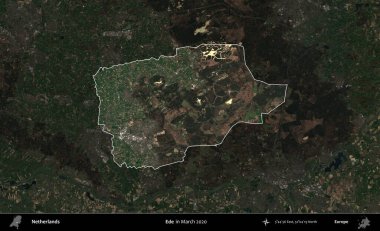 Ede. Hollanda 'nın idari alanı, Mart 2020' de çekilen Kopernik Sentinel karolarından oluşan koyu renkli bir uydu görüntüsü üzerinde vurgulandı ve özetlendi.