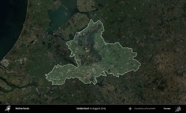 Gelderland. Hollanda 'nın idari alanı, Ağustos 2019' da çekilen Kopernik Sentinel karolarından oluşan koyu renkli bir uydu görüntüsü üzerinde vurgulandı ve özetlendi.