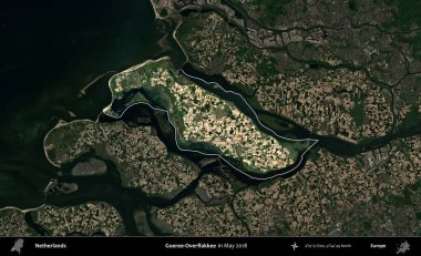 Goeree-Overflakkee. Hollanda 'nın idari alanı, Mayıs 2018' de çekilen Kopernik Sentinel karolarından oluşan koyu renkli bir uydu görüntüsü üzerinde vurgulandı ve özetlendi.