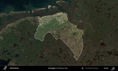 Groningen. Hollanda 'nın idari alanı, Şubat 2019' da çekilen Kopernik Sentinel karolarından oluşan koyu renkli bir uydu görüntüsü üzerinde vurgulandı ve özetlendi.