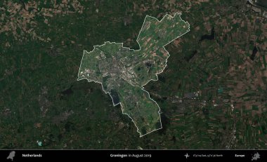 Groningen. Hollanda 'nın idari alanı, Ağustos 2019' da çekilen Kopernik Sentinel karolarından oluşan koyu renkli bir uydu görüntüsü üzerinde vurgulandı ve özetlendi.