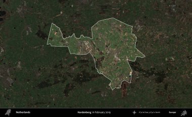 Hardenberg. Hollanda 'nın idari alanı, Şubat 2019' da çekilen Kopernik Sentinel karolarından oluşan koyu renkli bir uydu görüntüsü üzerinde vurgulandı ve özetlendi.