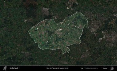 Hof van Twente. Hollanda 'nın idari alanı, Ağustos 2019' da çekilen Kopernik Sentinel karolarından oluşan koyu renkli bir uydu görüntüsü üzerinde vurgulandı ve özetlendi.