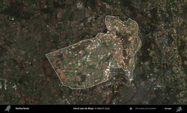 Horst aan de Maas. Hollanda 'nın idari alanı, Mart 2020' de çekilen Kopernik Sentinel karolarından oluşan koyu renkli bir uydu görüntüsü üzerinde vurgulandı ve özetlendi.