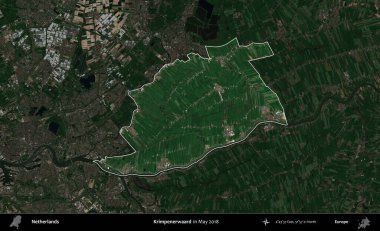 Krimpenerwaard. Hollanda 'nın idari alanı, Mayıs 2018' de çekilen Kopernik Sentinel karolarından oluşan koyu renkli bir uydu görüntüsü üzerinde vurgulandı ve özetlendi.