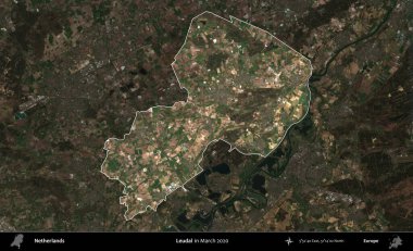 Lökosit. Hollanda 'nın idari alanı, Mart 2020' de çekilen Kopernik Sentinel karolarından oluşan koyu renkli bir uydu görüntüsü üzerinde vurgulandı ve özetlendi.