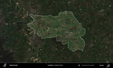 Lochem. Hollanda 'nın idari alanı, Mart 2020' de çekilen Kopernik Sentinel karolarından oluşan koyu renkli bir uydu görüntüsü üzerinde vurgulandı ve özetlendi.