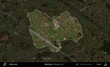 Meierijstad. Hollanda 'nın idari alanı, Şubat 2019' da çekilen Kopernik Sentinel karolarından oluşan koyu renkli bir uydu görüntüsü üzerinde vurgulandı ve özetlendi.