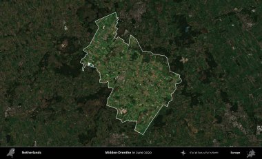 Midden-Drenthe. Hollanda 'nın idari alanı, Haziran 2020' de çekilen Kopernik Sentinel karolarından oluşan koyu renkli bir uydu görüntüsü üzerine vurgulandı ve özetlendi.
