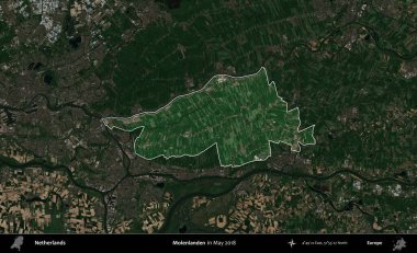 Molenlanden 'de. Hollanda 'nın idari alanı, Mayıs 2018' de çekilen Kopernik Sentinel karolarından oluşan koyu renkli bir uydu görüntüsü üzerinde vurgulandı ve özetlendi.