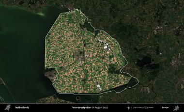 Noordoostpolder. Hollanda 'nın idari alanı, Ağustos 2022' de çekilen Kopernik Sentinel karolarından oluşan koyu renkli bir uydu görüntüsü üzerine vurgulandı ve özetlendi.