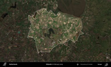 Oldambt. Hollanda 'nın idari alanı, Şubat 2019' da çekilen Kopernik Sentinel karolarından oluşan koyu renkli bir uydu görüntüsü üzerinde vurgulandı ve özetlendi.