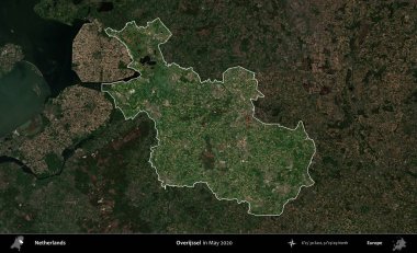 Overijssel. Hollanda 'nın idari alanı, Mayıs 2020' de çekilen Kopernik Sentinel karolarından oluşan koyu renkli bir uydu görüntüsü üzerinde vurgulandı ve özetlendi.