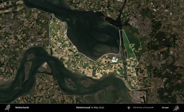 Reimerswaal. Hollanda 'nın idari alanı, Mayıs 2020' de çekilen Kopernik Sentinel karolarından oluşan koyu renkli bir uydu görüntüsü üzerinde vurgulandı ve özetlendi.