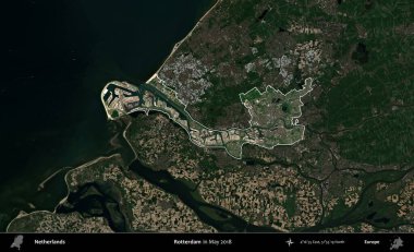 Rotterdam. Hollanda 'nın idari alanı, Mayıs 2018' de çekilen Kopernik Sentinel karolarından oluşan koyu renkli bir uydu görüntüsü üzerinde vurgulandı ve özetlendi.