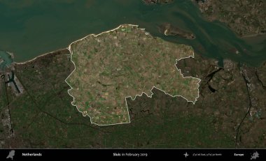 Sluis. Hollanda 'nın idari alanı, Şubat 2019' da çekilen Kopernik Sentinel karolarından oluşan koyu renkli bir uydu görüntüsü üzerinde vurgulandı ve özetlendi.