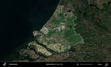 Zuid-Holland. Hollanda 'nın idari alanı, Mayıs 2018' de çekilen Kopernik Sentinel karolarından oluşan koyu renkli bir uydu görüntüsü üzerinde vurgulandı ve özetlendi.