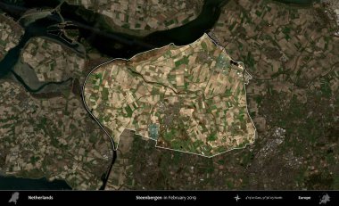 Steenbergen. Hollanda 'nın idari alanı, Şubat 2019' da çekilen Kopernik Sentinel karolarından oluşan koyu renkli bir uydu görüntüsü üzerinde vurgulandı ve özetlendi.