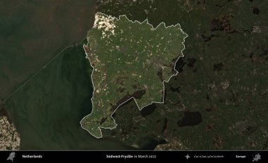 Sudwest-Fryslan. Hollanda 'nın idari alanı, Mart 2022' de çekilen Kopernik Sentinel karolarından oluşan koyu renkli bir uydu görüntüsü üzerine vurgulandı ve özetlendi.