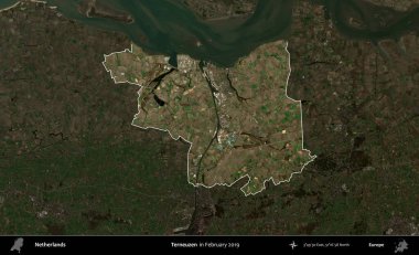 Terneuzen. Hollanda 'nın idari alanı, Şubat 2019' da çekilen Kopernik Sentinel karolarından oluşan koyu renkli bir uydu görüntüsü üzerinde vurgulandı ve özetlendi.
