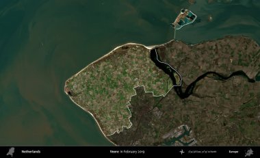 Veere. Hollanda 'nın idari alanı, Şubat 2019' da çekilen Kopernik Sentinel karolarından oluşan koyu renkli bir uydu görüntüsü üzerinde vurgulandı ve özetlendi.